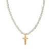Pearl necklace with a gold cross pendant on a white background