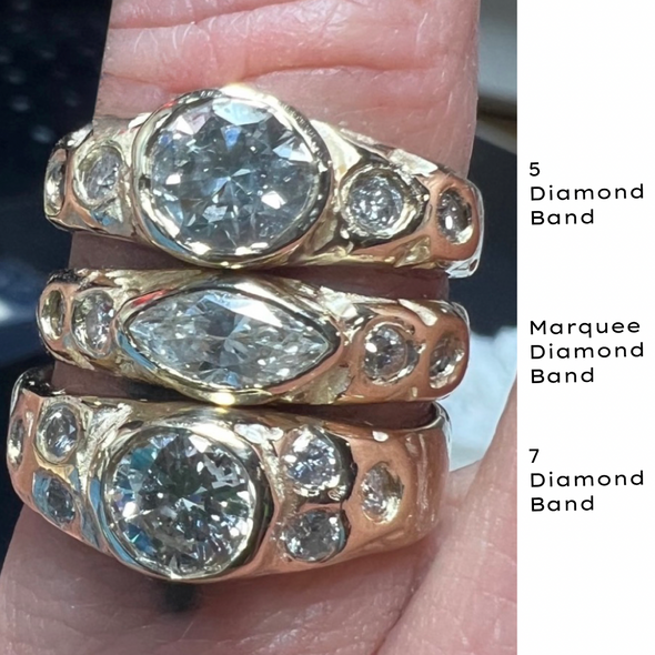 Three gold diamond rings stacked on a finger with text labels.
