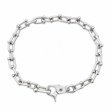 A silver-toned metal chain bracelet with alternating elongated links and small round beads, shown on a plain white background.