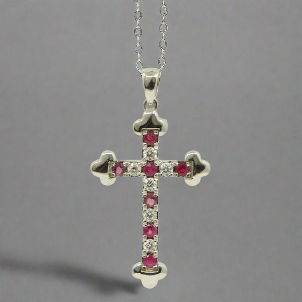 VINTAGE 14K White Gold Ruby & Diamond Cross Pendant