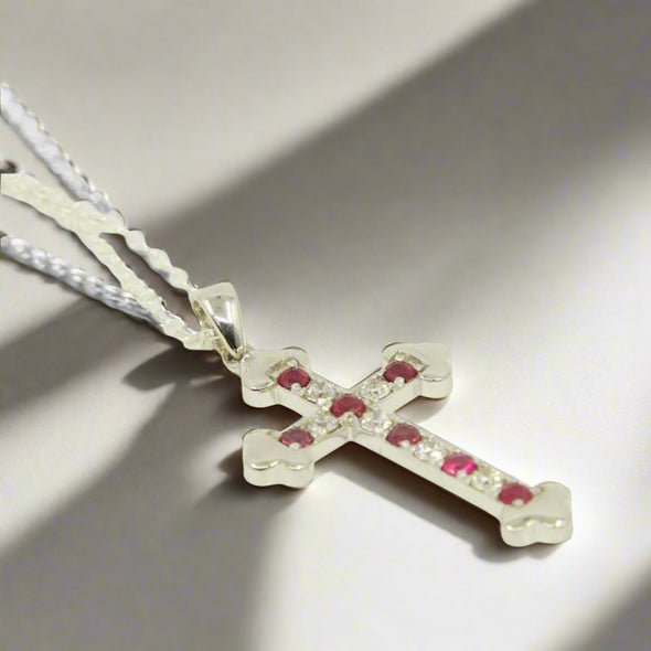 VINTAGE 14K White Gold Ruby & Diamond Cross Pendant