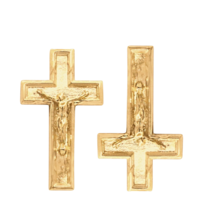 Gold cross earrings with religious design on a white background
