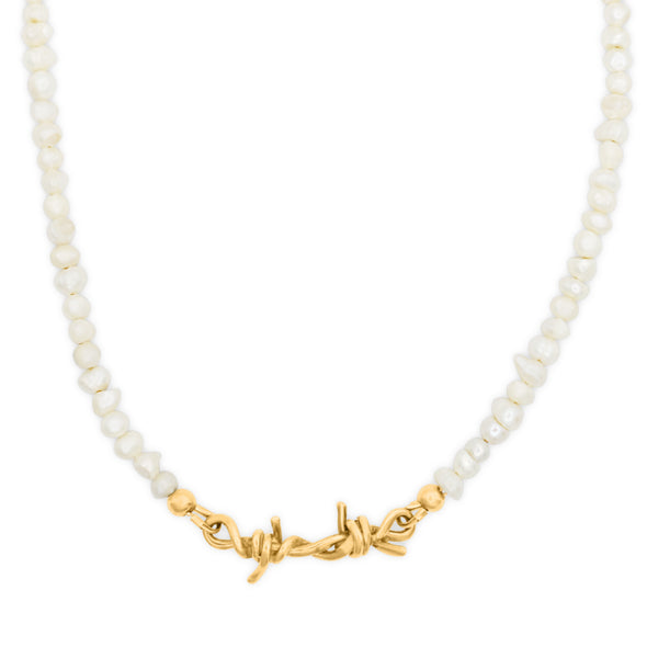 Barbed Wire Pearl Necklace Gold