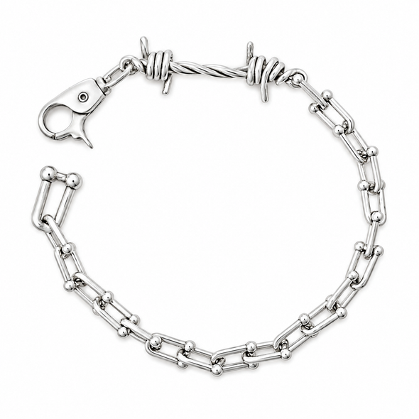 A silver-toned metal bracelet featuring alternating elongated oval links and twisted barbed wire links, with a lobster clasp closure, shown on a plain white background.