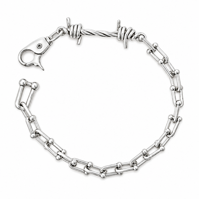 A silver-toned metal bracelet featuring alternating elongated oval links and twisted barbed wire links, with a lobster clasp closure, shown on a plain white background.