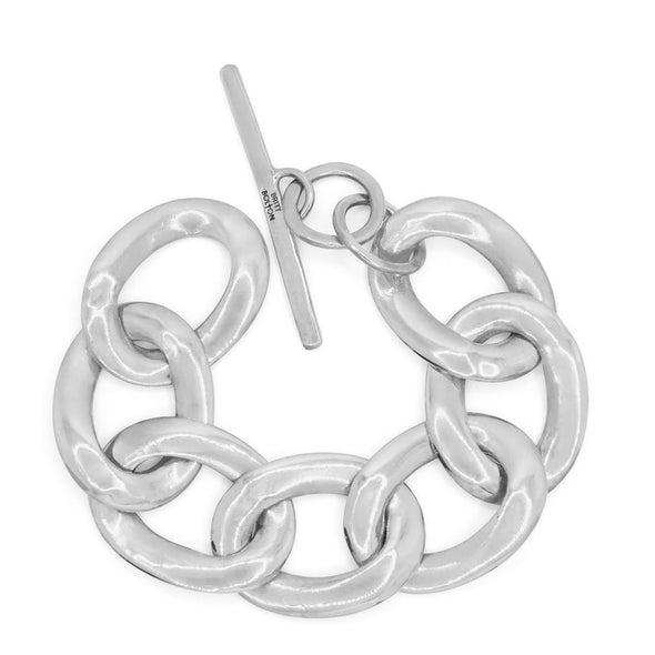 A sterling silver chain link bracelet with a glossy finish.