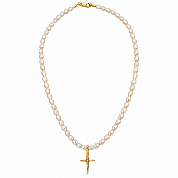 A pearl necklace with a gold cross pendant, displayed against a solid white background.