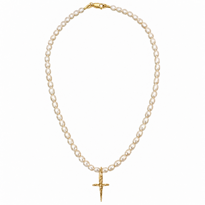 A pearl necklace with a gold cross pendant, displayed against a solid white background.