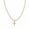 A pearl necklace with a textured gold crucifix pendant, displayed against a solid white background.