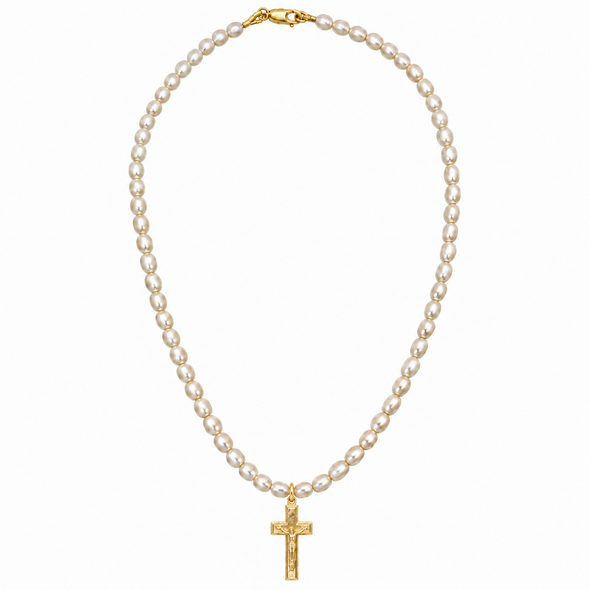 A pearl necklace with a gold cross pendant, displayed on a clean white background.