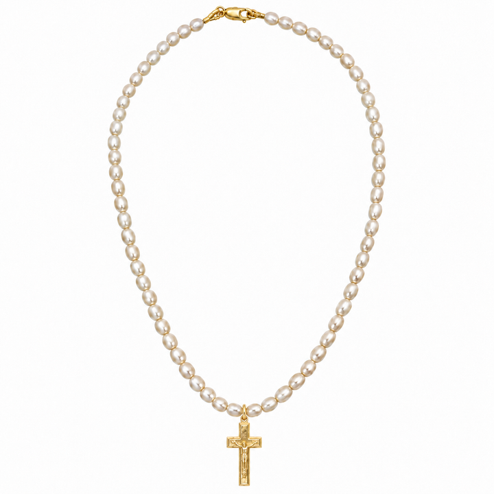 A pearl necklace with a gold cross pendant, displayed on a clean white background.