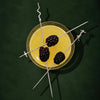Three long silver skewers with barbed wire ends are arranged over a yellow drink in a clear glass, each threaded with a blackberry, on a dark green background.