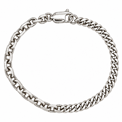 A silver-toned curb link chain bracelet with a spring-ring clasp, shown on a plain white background.