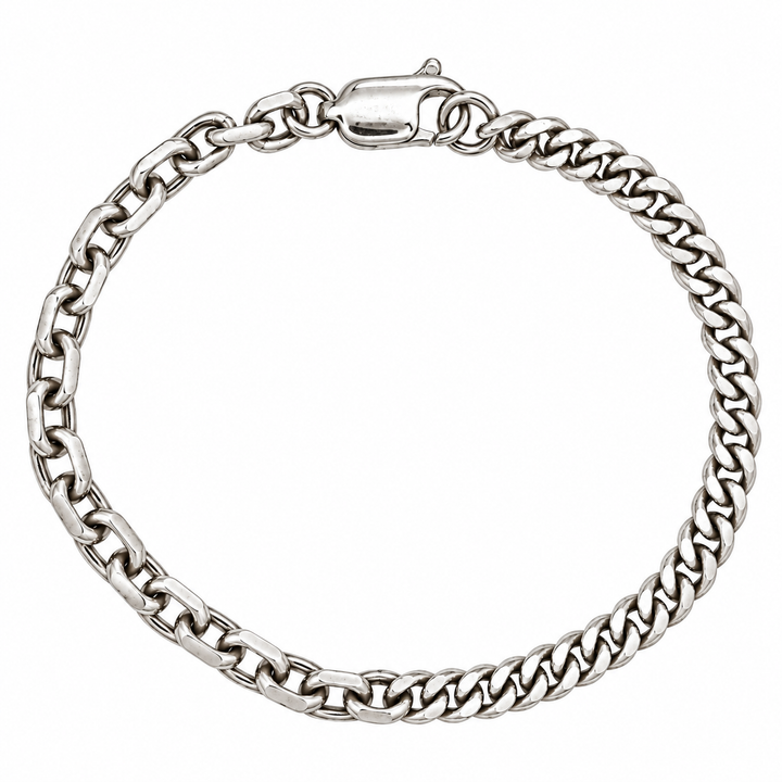 A silver-toned curb link chain bracelet with a spring-ring clasp, shown on a plain white background.