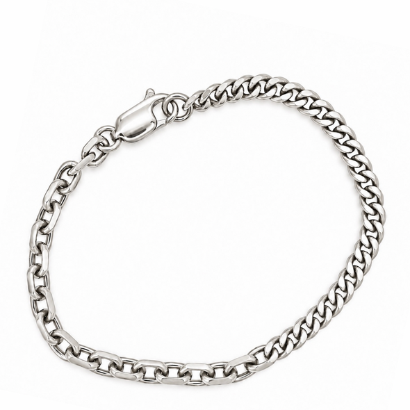 A silver-toned metal chain bracelet with a curb link design and a spring-ring clasp, displayed on a clean white background.