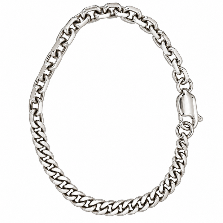 A silver-toned metal chain bracelet with a curb link design and a spring-ring clasp, shown on a plain white background.