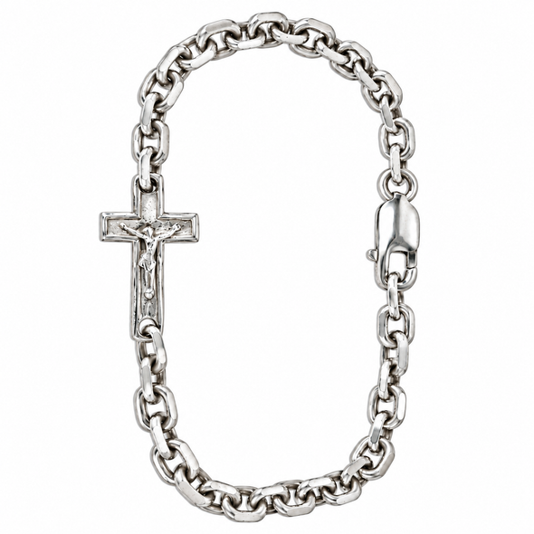 A silver-toned chain bracelet featuring a crucifix pendant with a detailed figure of Jesus and a spring-ring clasp, shown on a plain white background.