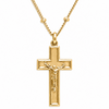 A gold cross pendant necklace featuring a detailed crucifix with Jesus Christ on a polished chain, set against a plain white background.