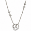 A silver chain necklace featuring a central pretzel pendant and two small barbed wire charms on either side of the chain, shown against a plain white background.