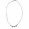 A pearl necklace with a silver-toned decorative clasp, displayed on a clean white background.