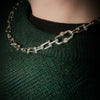 Close-up of a chain necklace on a person wearing a green sweater.