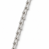 A close-up of a polished silver chain with elongated oval links and small ball accents, shown diagonally on a plain white background.