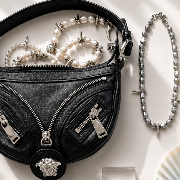 Collection of fashion items including a black handbag, jewelry, sunglasses, and a fan on a white surface.