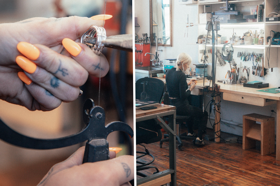A split image showing a close-up of hands with bright orange nails crafting a silver ring using a jeweler's tool, and a wider view of a woman working at a jewelry desk inside a well-equipped workshop.
