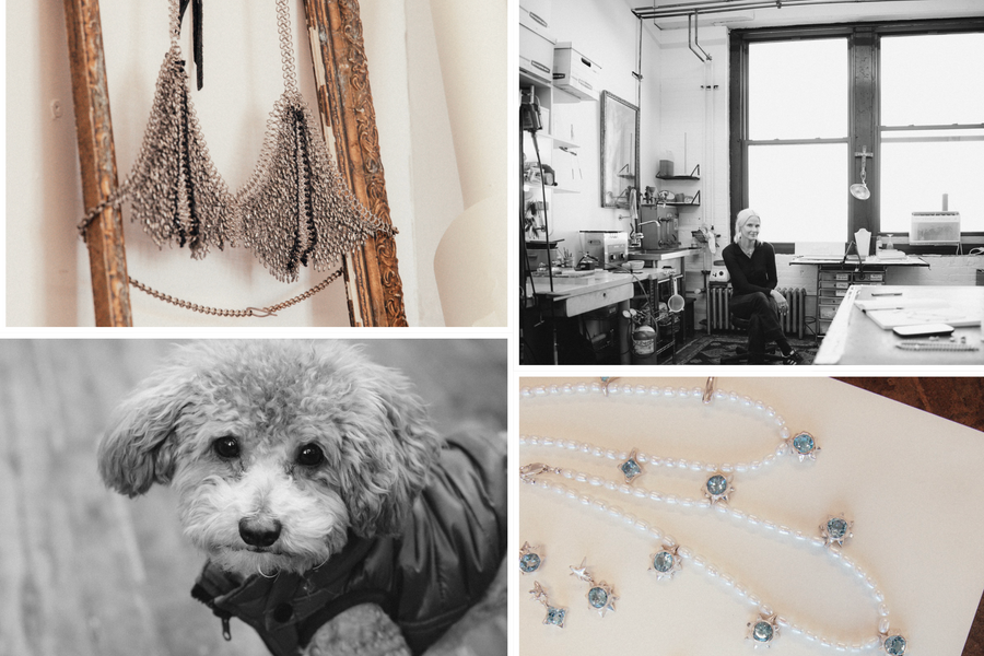 A four-panel collage: top-left shows a textured woven hanging piece with fringe and chain details; top-right is a black-and-white interior scene with a seated woman in a workshop; bottom-left is a black-and-white portrait of a poodle wearing a harness; bottom-right shows several pearl-like strands with blue and gold decorative elements laid on a light surface.