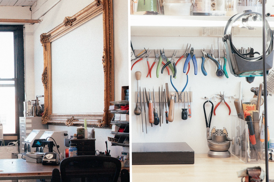 A split-screen view of a jewelry workshop. The left side shows a large, ornate gold-framed mirror hanging on a white wall above a workbench.