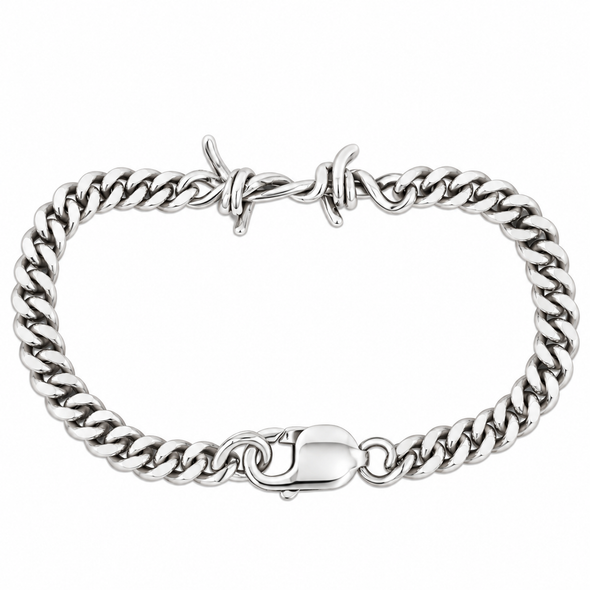 A silver-toned metal curb link bracelet with a polished barbed clasp and a lobster clasp closure, shown on a plain white background.
