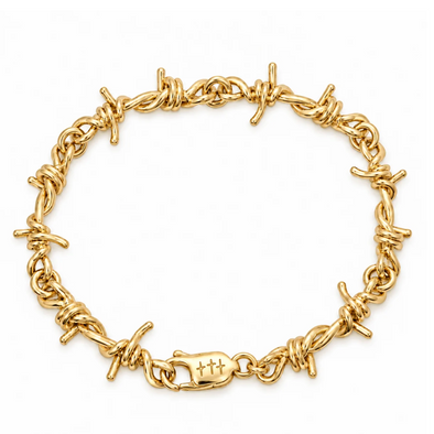 A gold barbed wire bracelet with a matching lobster clasp, displayed on a clean white background.