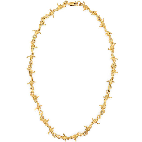 A gold barbed wire style necklace with a clasp, displayed against a white background.