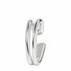 A polished silver-toned metal huggie hoop earring with a unique overlapping double-band design, shown on a solid white background.