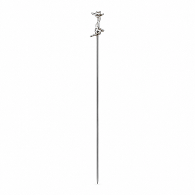 A silver-toned metal cocktail pick with a small decorative figure at the top, shown vertically against a plain white background.