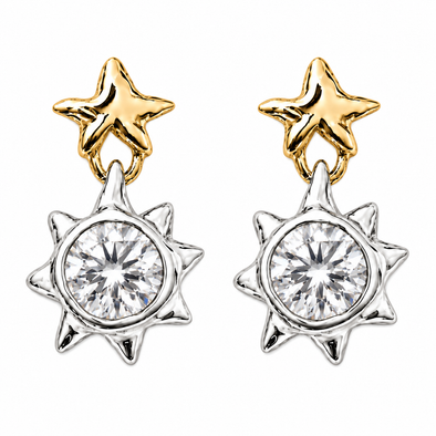 A pair of gold and silver dangle earrings, each featuring a polished gold star stud connected to a silver sunburst pendant with a clear round-cut center stone, shown on a plain white background.
