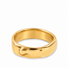 A polished yellow gold ring with a unique, organic wavy shape and a small raised dot detail on the front, shown on a clean white background.