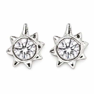 A pair of silver starburst stud earrings with round clear gemstones, shown on a plain white background.