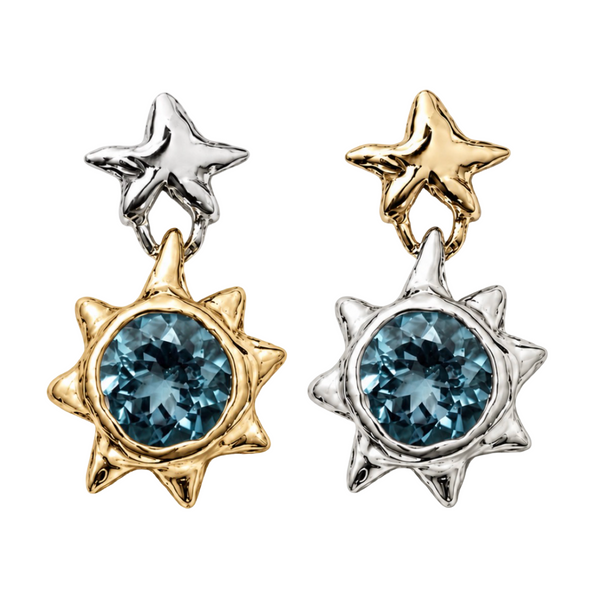 Two pairs of star-shaped dangle earrings on a plain white background. Each earring has a small star at the top in silver or gold-tone metal, connected to a larger sunburst shape with a round blue gemstone in the center.