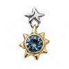 A two-tone star pendant featuring a polished silver star at the top and a gold starburst below, both surrounding a round faceted blue gemstone, shown on a plain white background.