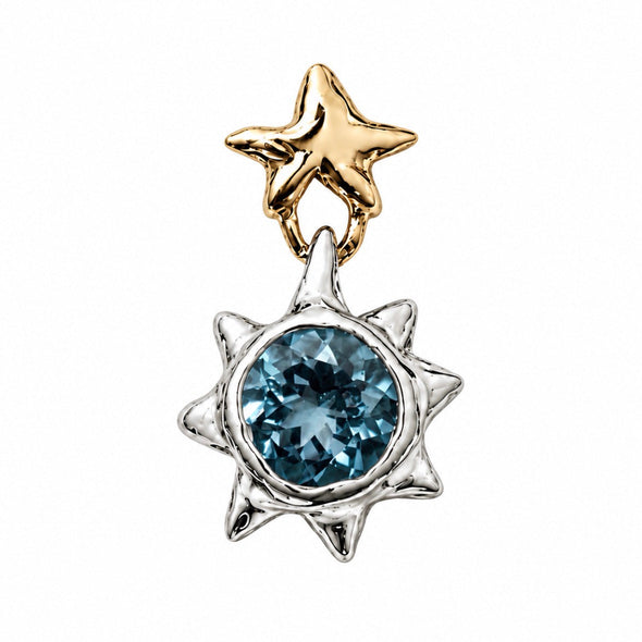 A two-tone celestial pendant featuring a polished gold star at the top and a textured silver sunburst frame around a round faceted blue gemstone, set against a plain white background.
