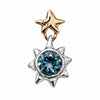 A two-tone celestial pendant featuring a polished gold star at the top and a textured silver sunburst frame around a round faceted blue gemstone, set against a plain white background.