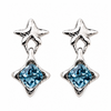 A pair of silver dangle earrings featuring a textured starburst top and a faceted light blue gemstone in a four-pointed starburst shape below, set against a plain white background.