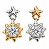 Two star-shaped dangle earrings on a plain white background. Each earring has a smaller star at the top and a larger sunburst-shaped pendant with a round clear gemstone in the center.