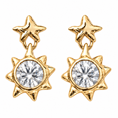A pair of gold dangle earrings featuring a small star-shaped stud connected to a larger spiky sunburst setting with a clear round gemstone, shown on a plain white background.