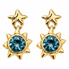 A pair of gold starburst dangle earrings with round blue gemstones, shown on a plain white background.