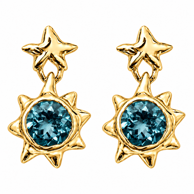 A pair of gold starburst dangle earrings with round blue gemstones, shown on a plain white background.