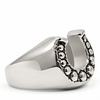 A polished silver-tone signet ring featuring a decorative horseshoe-shaped side embellishment with raised circular details, shown on a clean white background.