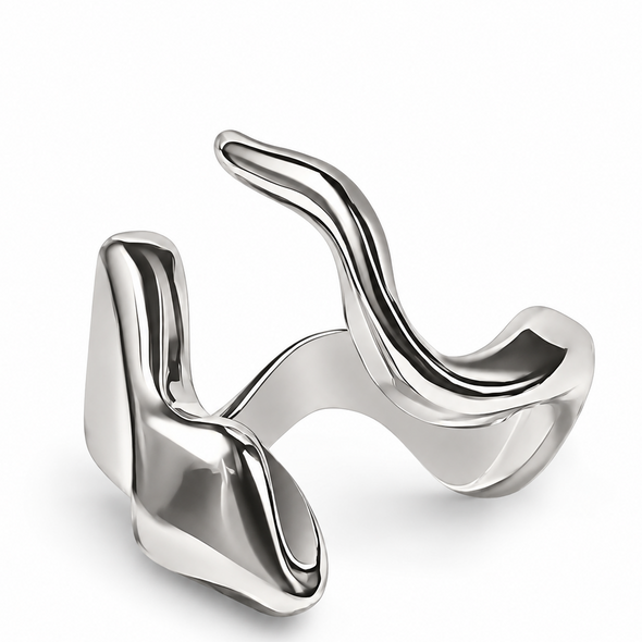 A polished silver abstract ring with a fluid, wavy, organic design, shown on a clean white background.