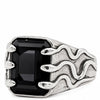 A silver ring with a large rectangular black gemstone and a textured, wavy flame-like design on the band, shown against a plain white background.